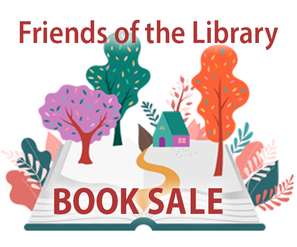 Friends of the Library Book Sale with an open book & trees