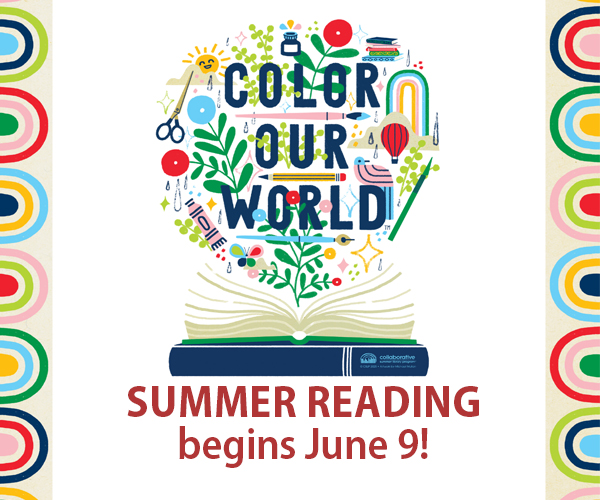 Colorful images in a balloon over a book Summer Reading begins June 9.