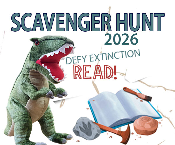 Scavenger Hunt with a stuffed T Rex toy saying, defy extinction, Read!